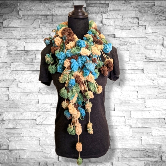Hand Crafted Accessories - Handmade Fluffy Scarf by me!! Super Soft Puff Balls Green Aqua Blue Brown